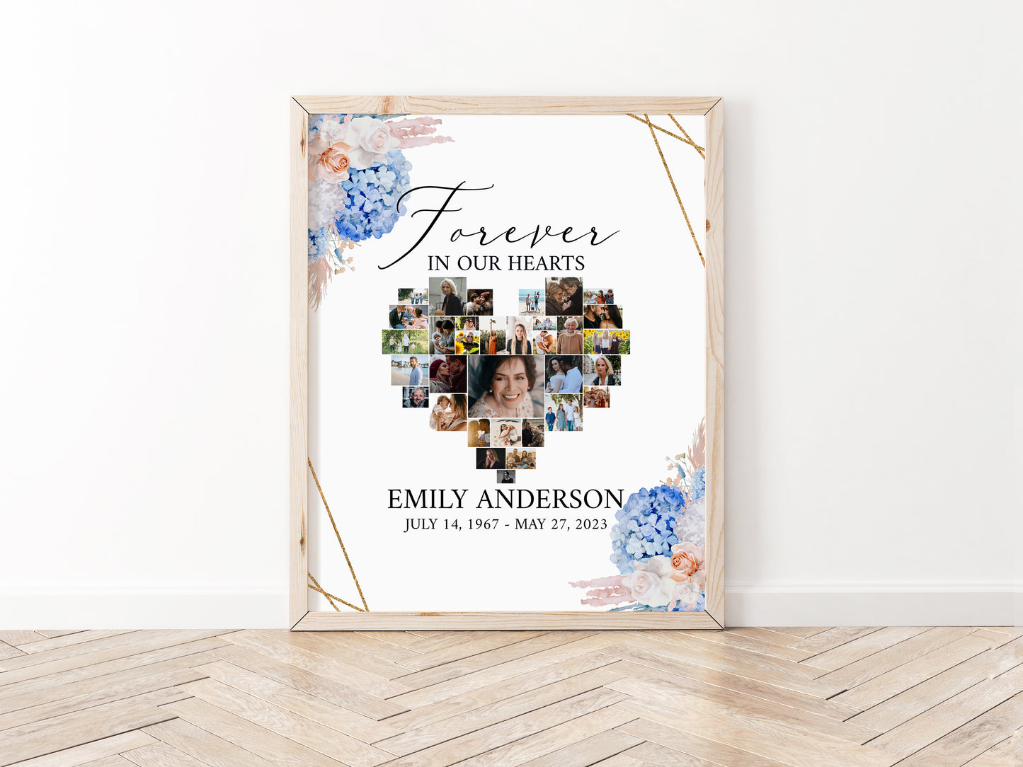 Forever in our Heart Blush Roses White Blue Hydrangea Heart Photo Collage Funeral Welcome Sign Template, Heart Memorial Photo Collage Poster Memory Sign O1