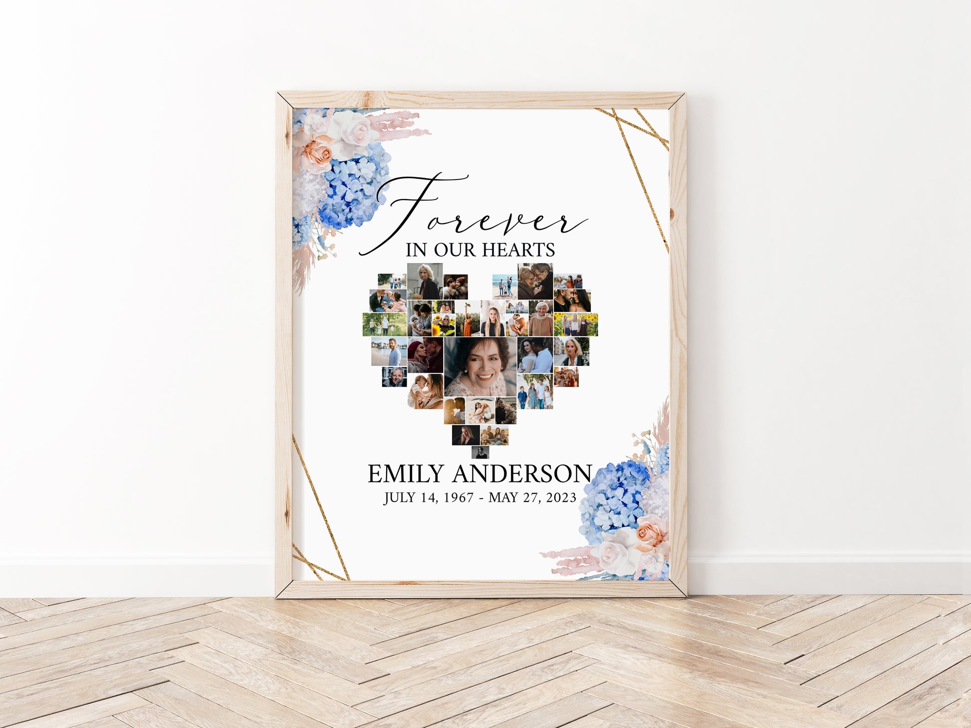 Forever in our Heart Blush Roses White Blue Hydrangea Heart Photo Collage Funeral Welcome Sign Template, Heart Memorial Photo Collage Poster Memory Sign O1