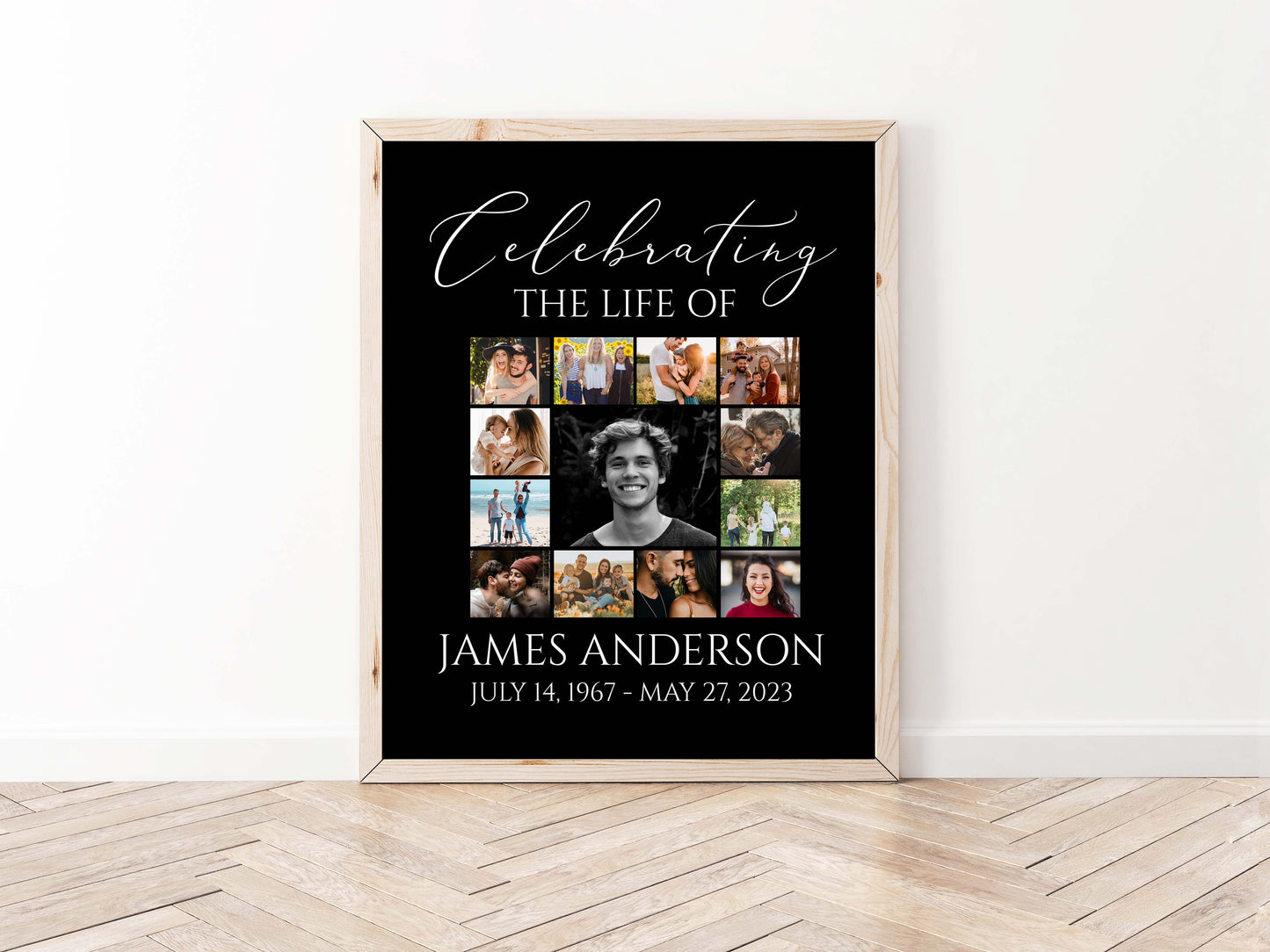 Celebration Of Life Minimalist Elegant Black Photo Collage Funeral Welcome Sign Template, Editable Simple Collage Funeral Poster, Photo Collage Memorial Service Sign