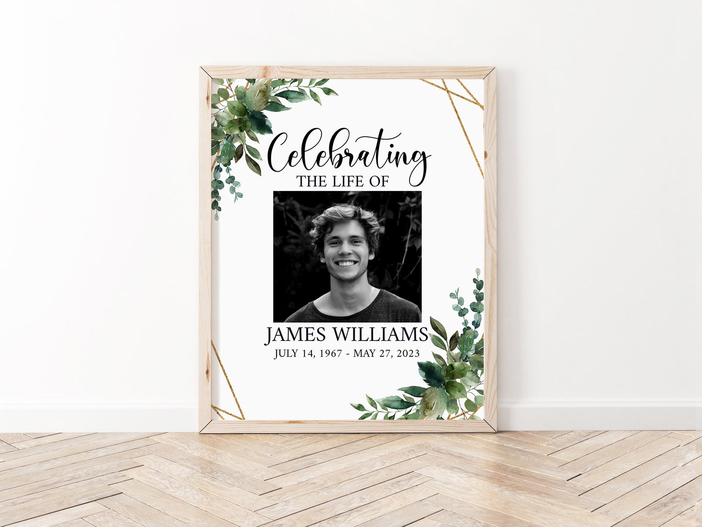 Celebration Of Life Watercolor Greenery Gold Funeral Welcome Sign Template, In Loving Memory Welcome Sign, Obituary Memorial Sign Funeral Welcome Poster Q1