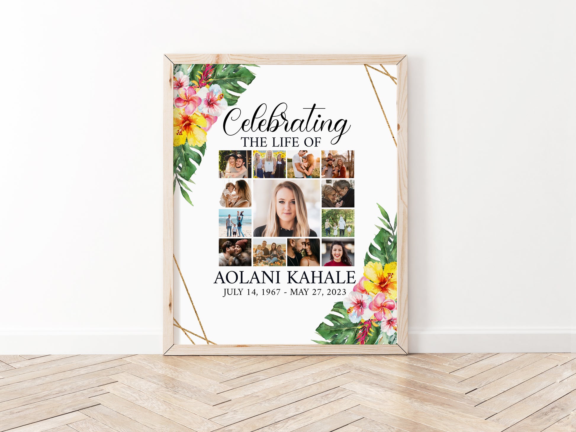 Celebration Of Life Tropical Hawaiian Plumeria Photo Collage Funeral Welcome Sign Template, Hawaiian Photo Collage Funeral Poster H1