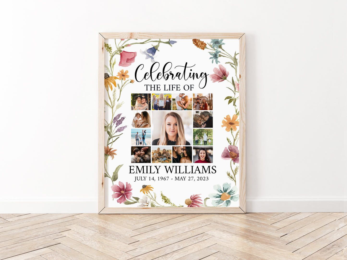 Celebration Of Life Red Greenery Wildflower Meadow Photo Collage Funeral Welcome Sign Template, Wildflower Photo Collage Funeral Poster, Photo Collage Memorial Sign