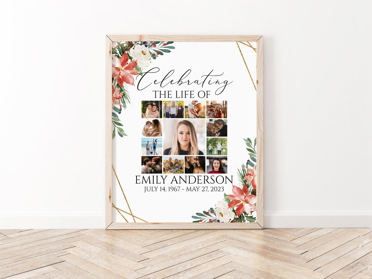 Celebration Of Life Christmas Winter Red Greenery Gold Photo Collage Funeral Welcome Sign Template W1