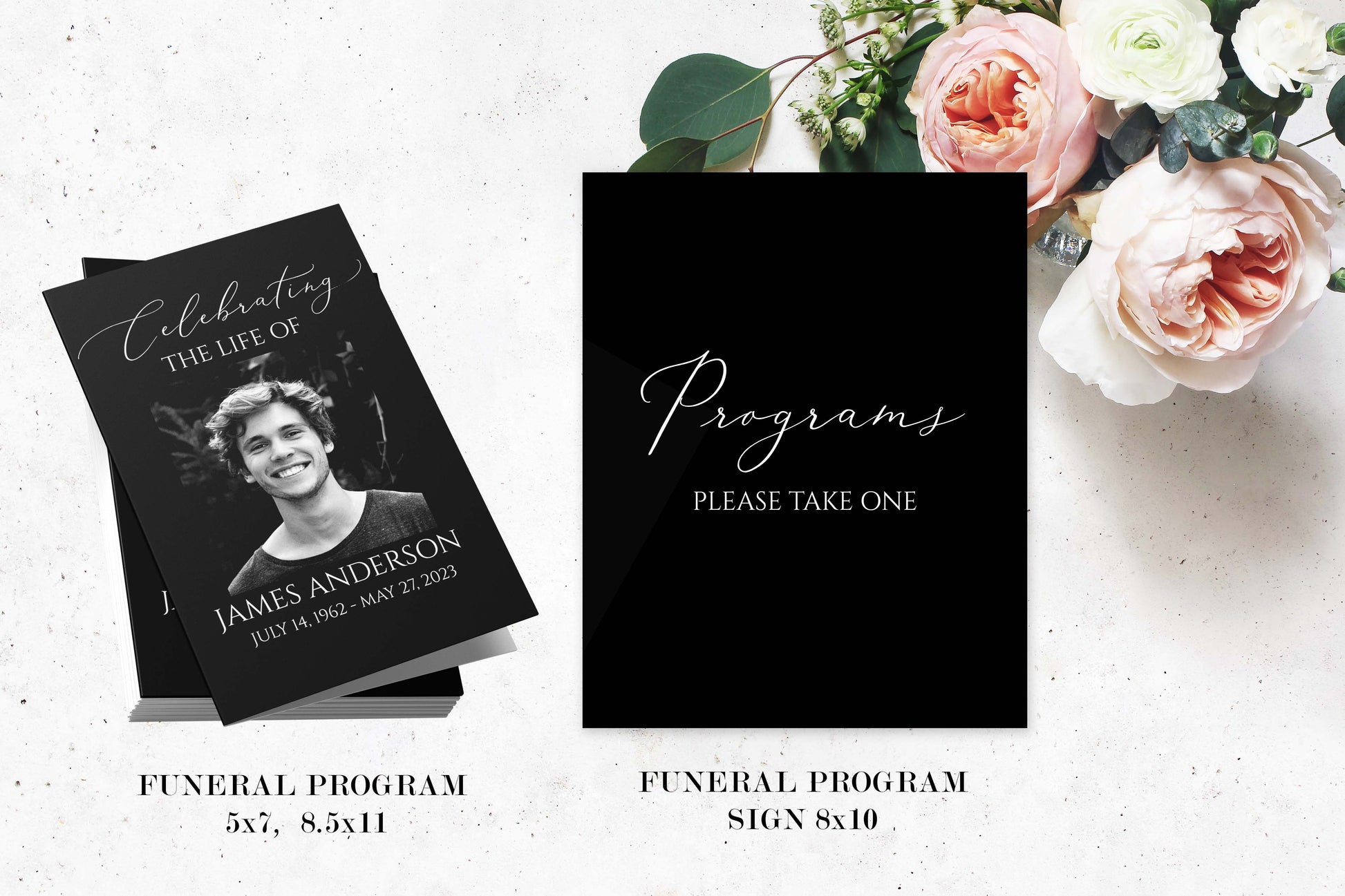 Editable Celebration Of Life Minimalist Elegant Black Funeral Bundle Set, In Loving Memory Suite, Funeral Templates Bundle, Black Simple Elegant Funeral