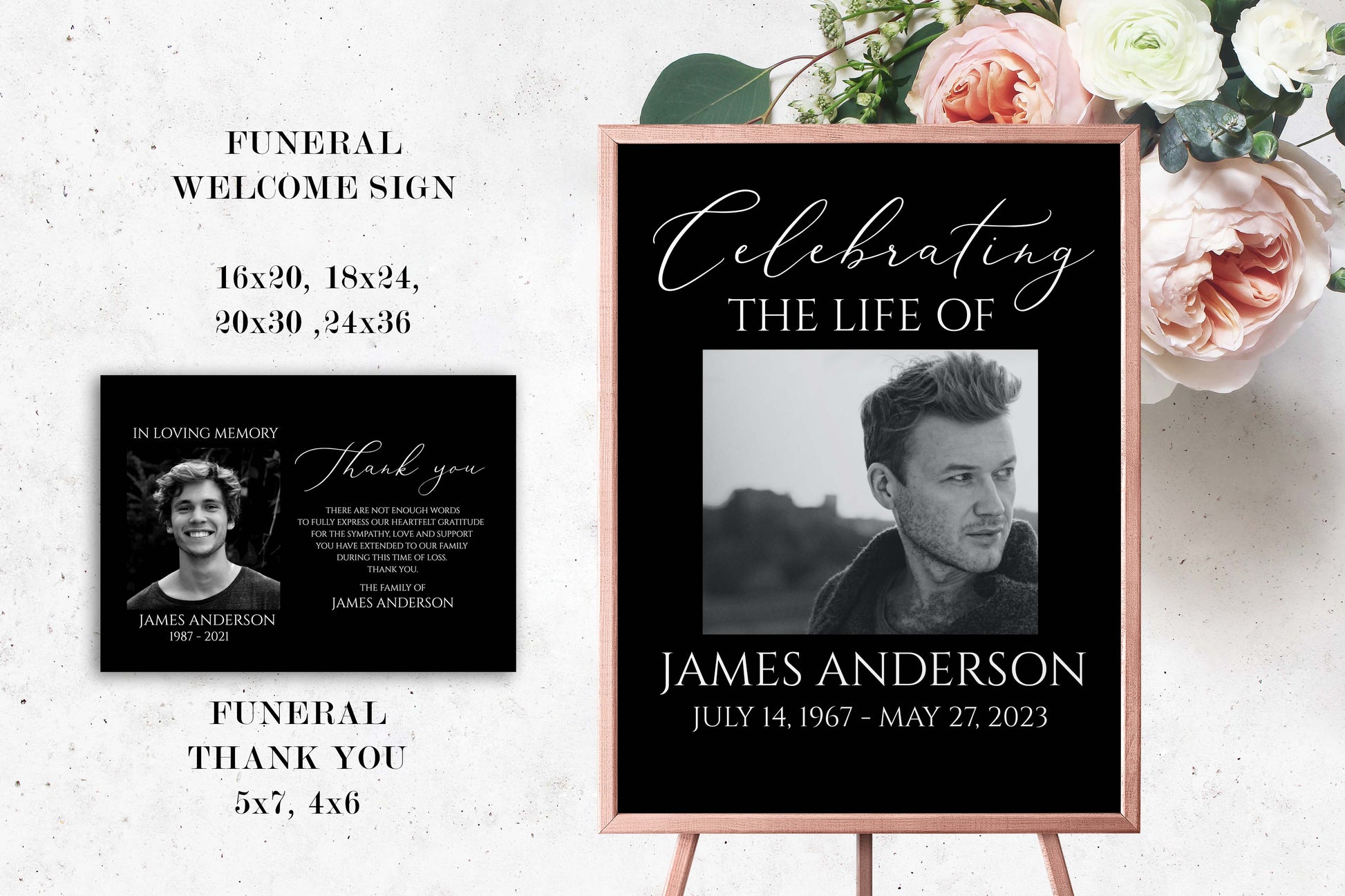 Editable Celebration Of Life Minimalist Elegant Black Funeral Bundle Set, In Loving Memory Suite, Funeral Templates Bundle, Black Simple Elegant Funeral