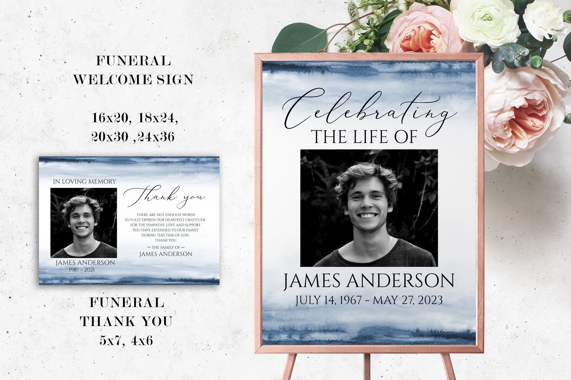 Blue Watercolor Baby Funeral Bundle Templates, Memorial Package, Celebration of Life Package, In Loving Memory Suite Blue Child Funeral Set B4