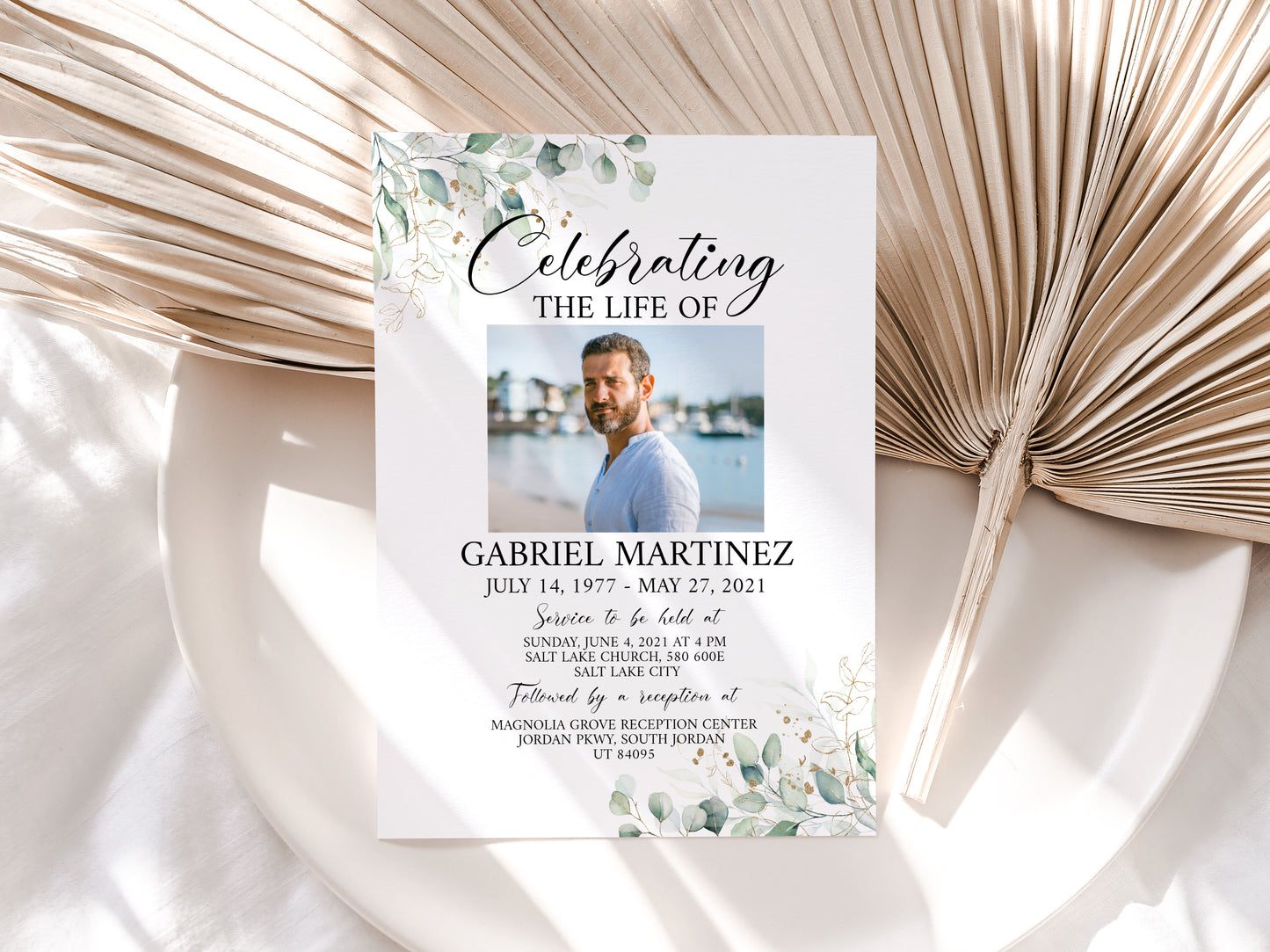 Celebration of life Watercolor Greenery Gold Funeral Invitation Template, Funeral Announcement Green Funeral Card Template, Memorial Service Card G1